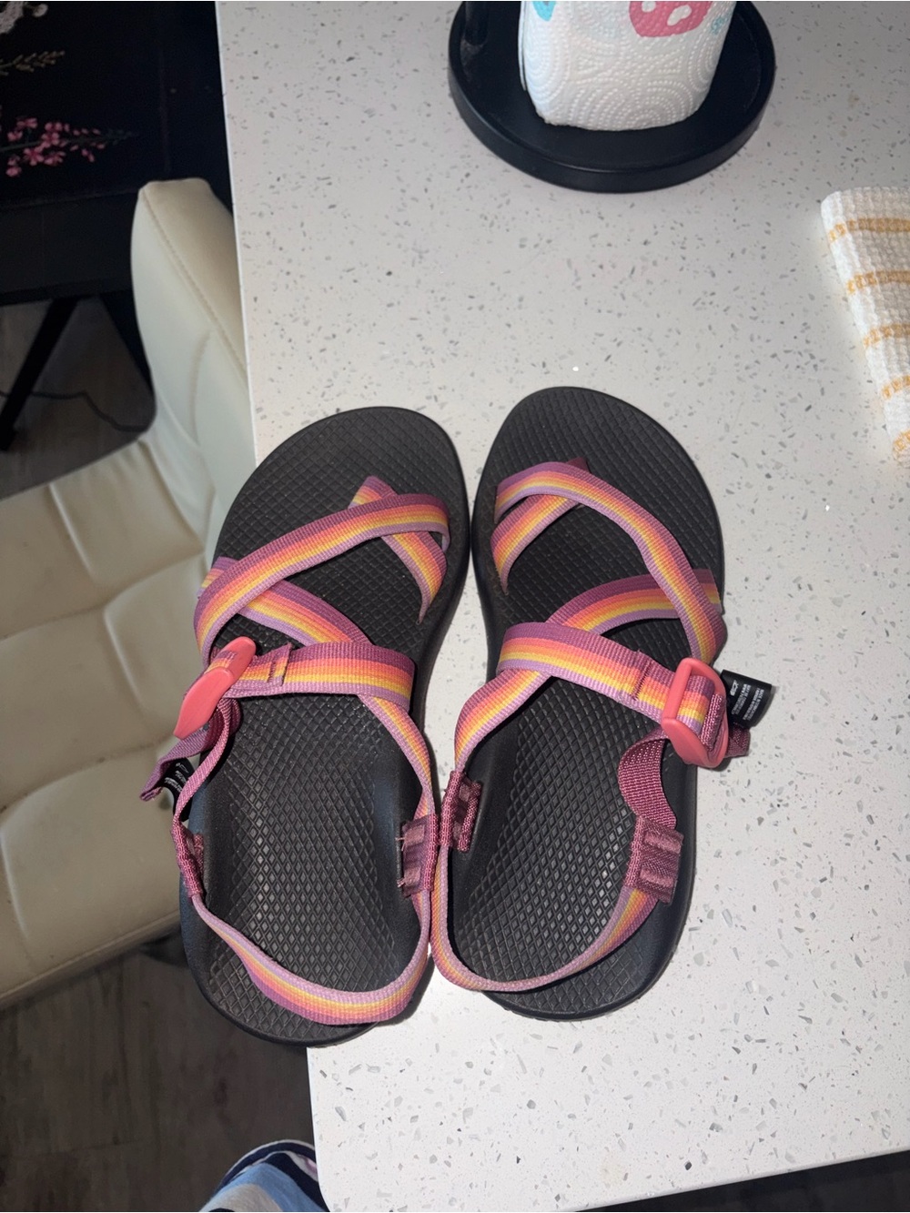 Chaco Black Sandal with Pink, Orange and Yellow Gradient Straps